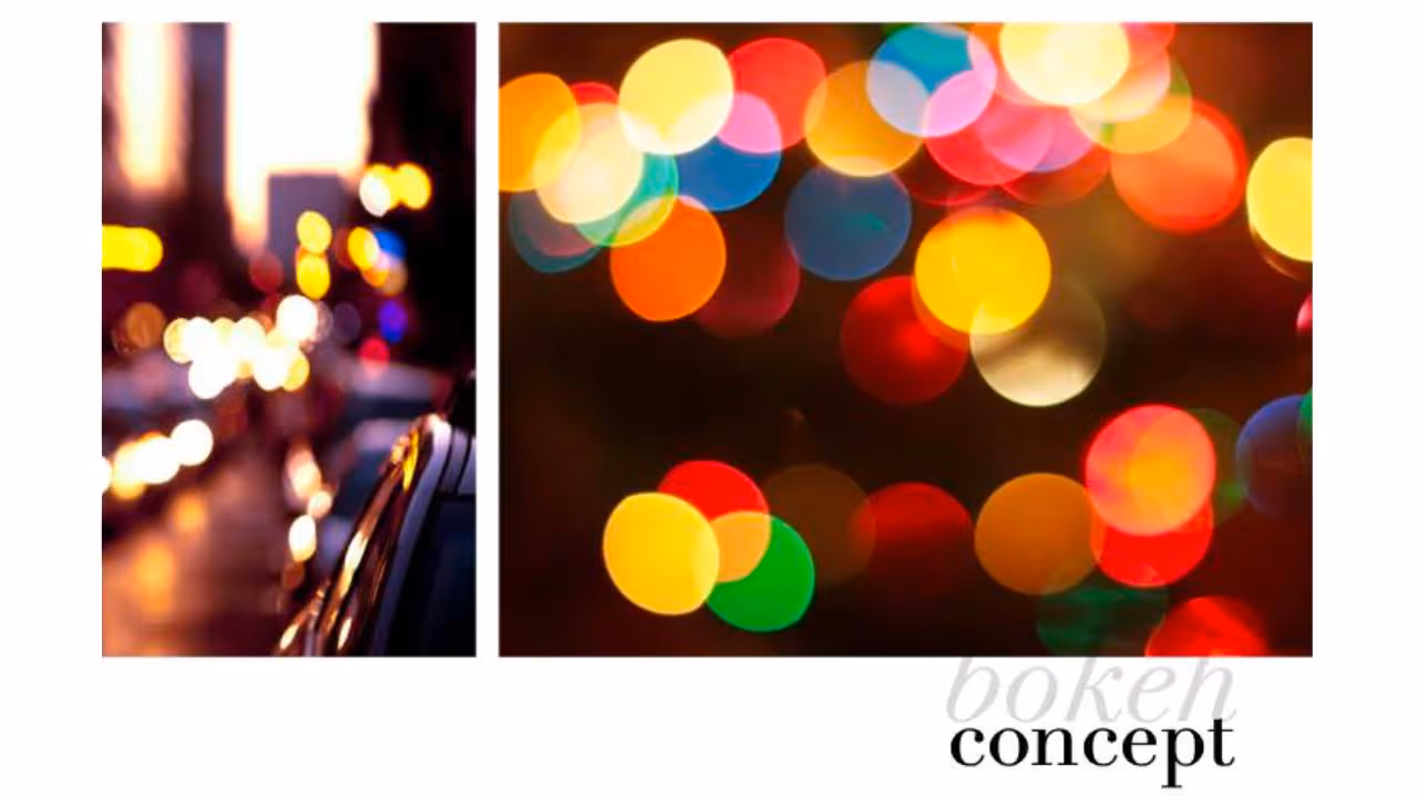 Concept board titled bokeh with two blurred night photographs of city lights and colourful overlapping circles of yellow, red, orange and green light.