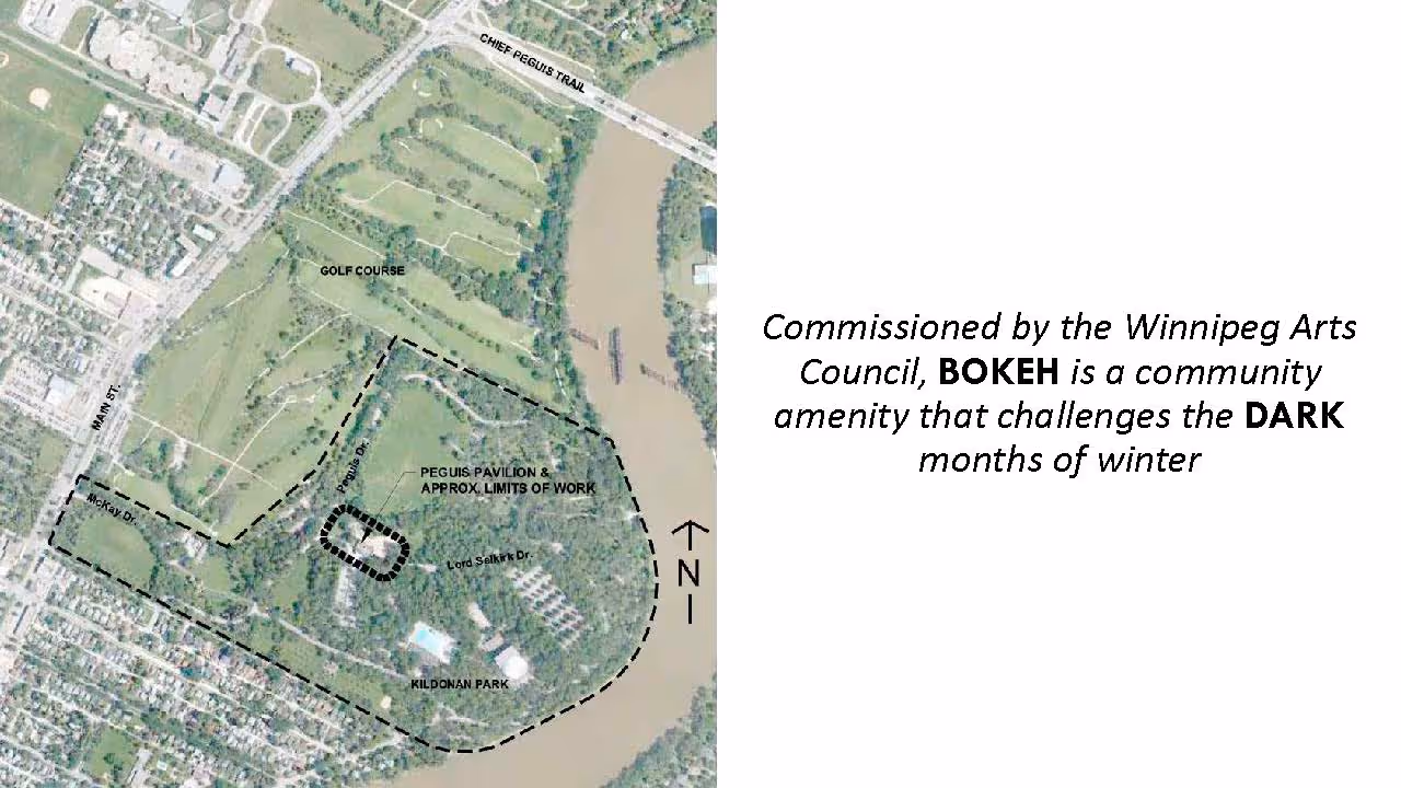 Aerial map of Kildonan Park with a dashed park boundary, golf course, Peguis Pavilion, the river and a caption about the commissioned winter lighting amenity.
