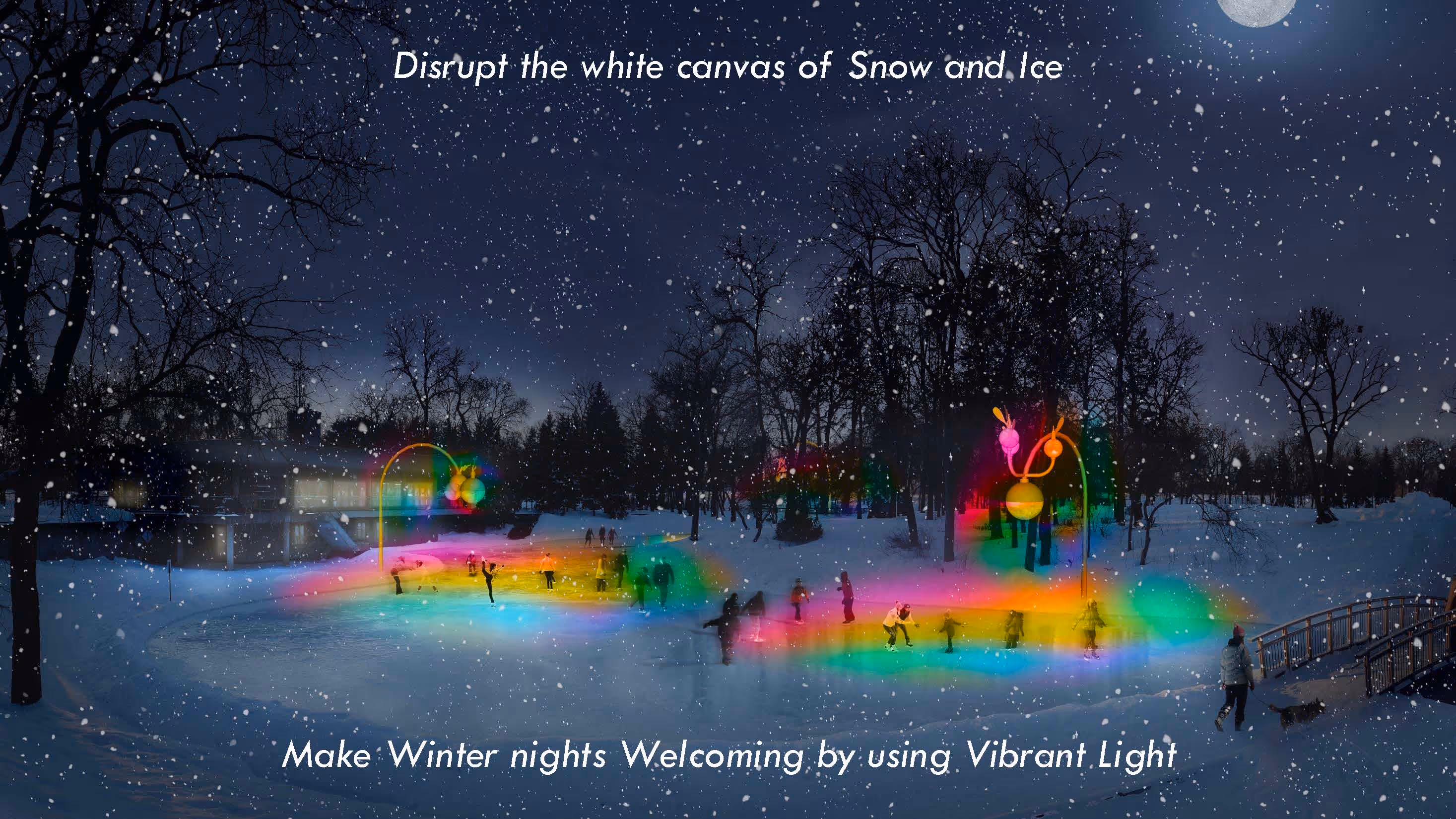 Night rendering of skaters on the pond lit by rainbow-coloured light from two curved light poles, with falling snow, a moon, a pavilion and a footbridge.