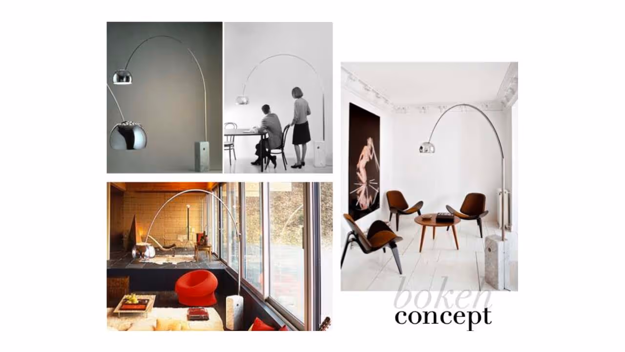 Concept board of arching chrome floor lamps with spherical shades, shown in a dark room, a mid-century interior and beside a table with two people.
