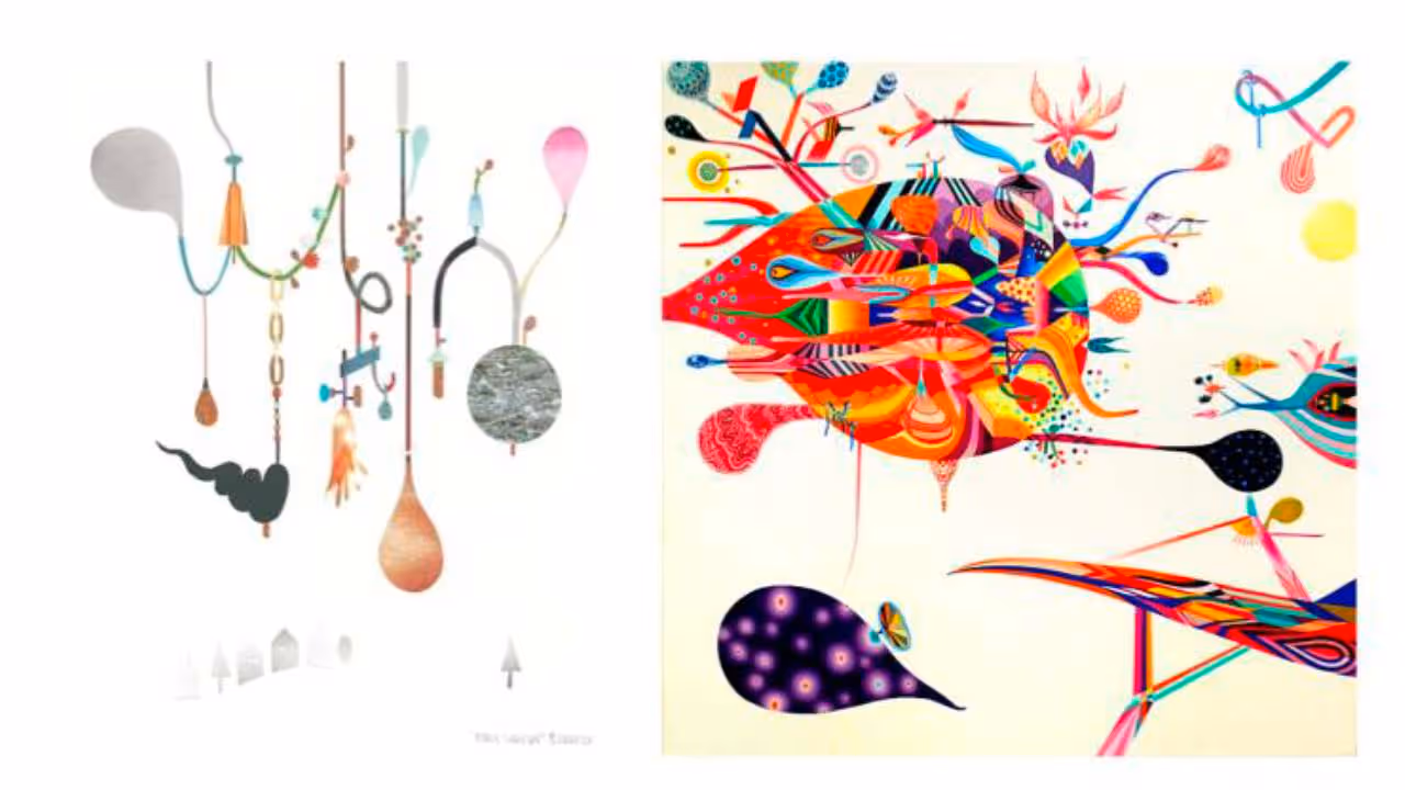 Collage of two colourful illustrations: hanging whimsical lantern-like shapes on strings, and a bright abstract composition of organic and geometric forms.